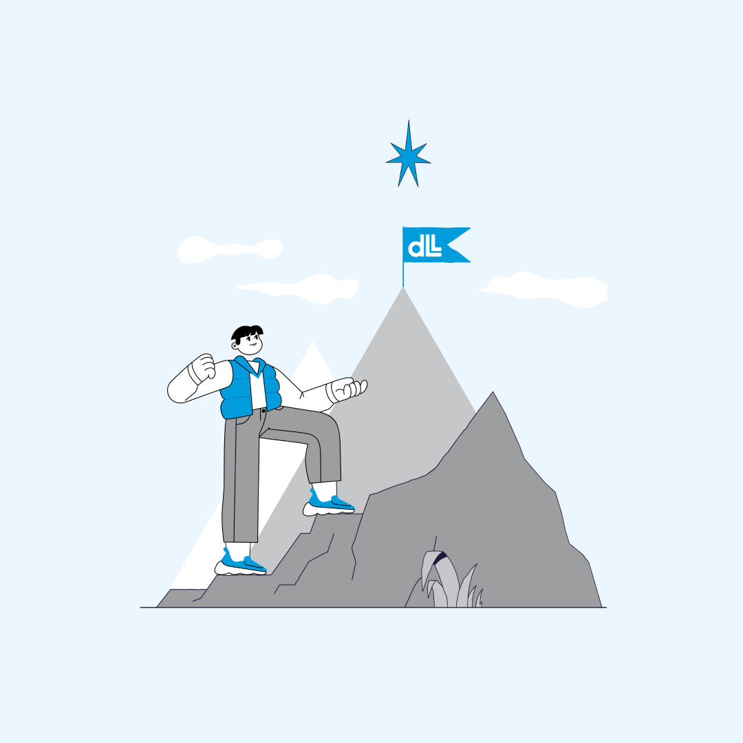 Illustration of a man climbing a mountain with a DLL flag at the top of the mountain.
